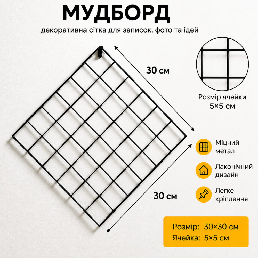 Металлическая декоративная сетка мудборд 30х30 см яч 5*5 см для помещений на стену