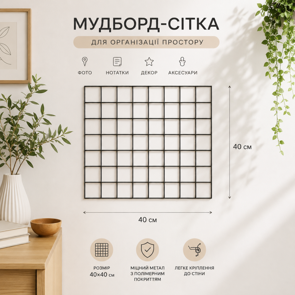 Металева декоративна Чорна сітка мудборд 40х40 см яч 5*5 см для приміщень на стіну