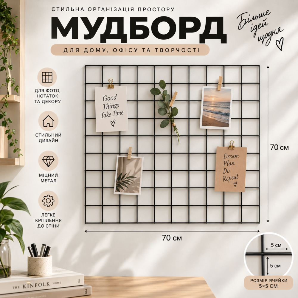Металева декоративна Чорна сітка мудборд 70х70 см яч 5*5 см для приміщень на стіну